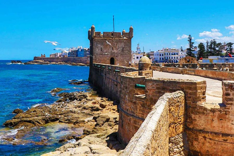 Blue and white medina walls of Essaouira UNESCO city on private day trip from Marrakech
